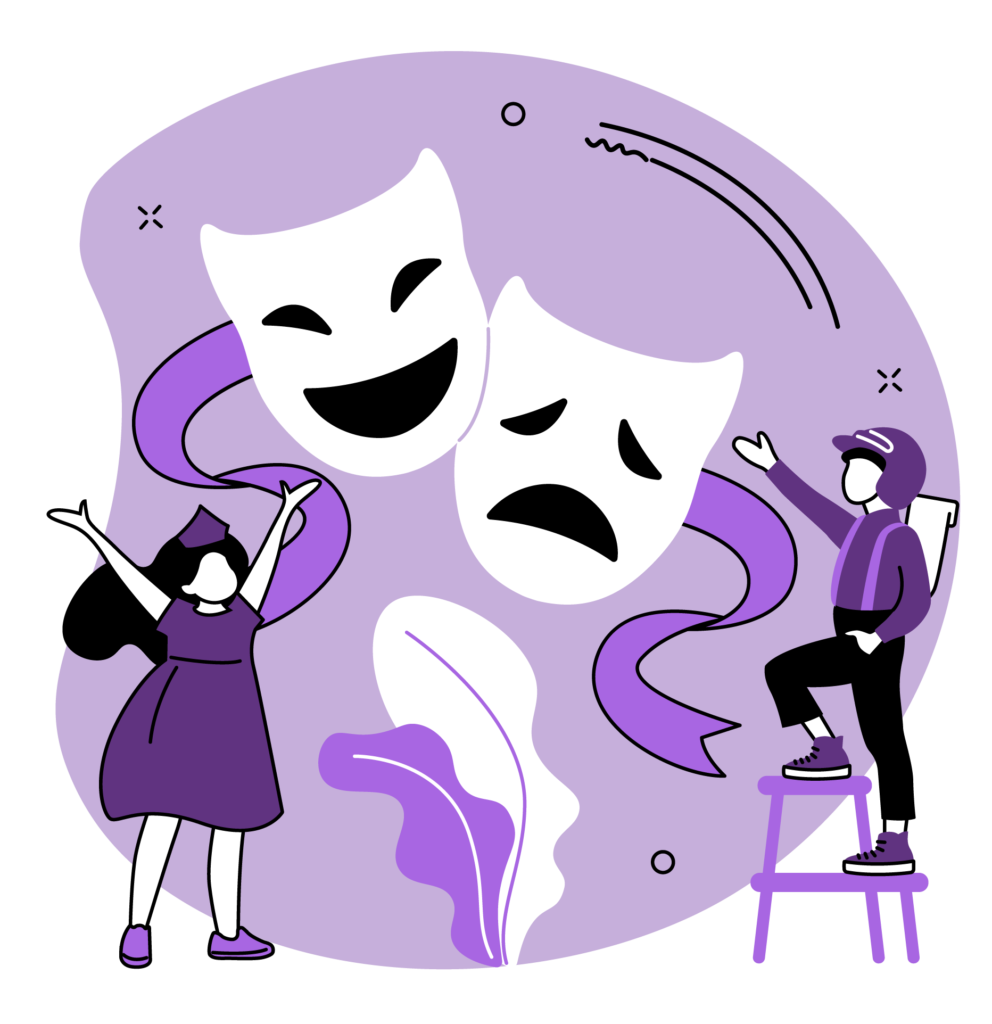 Illustrated image of drama masks and kids