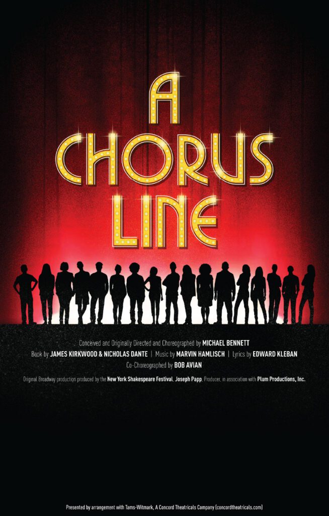 Image with the title A Chorus Line and a silhouette line of people standing on stage