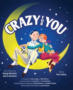 An Image with the title Crazy for You with an illustration of a crescent moon with a man and woman sitting on the moon sitting