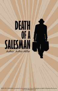 Image with the title Death of a Salesman with a silhouette of a man with two briefcases
